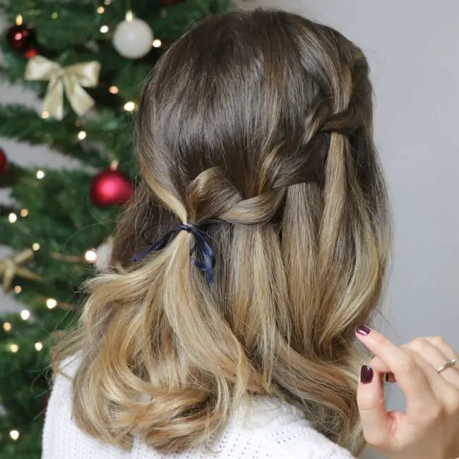 Half-Up Braided Crown Tied with Ribbon