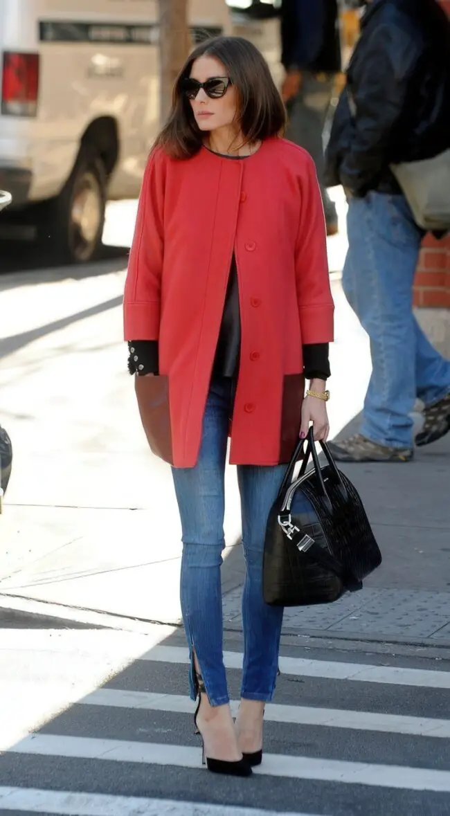 Striking Red Coat with Fitted Jeans