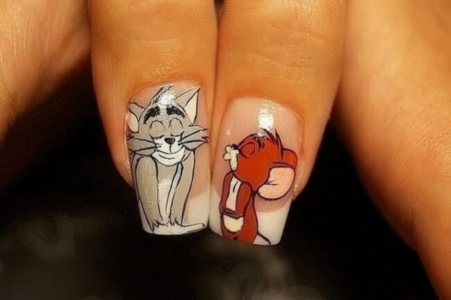 Cartoon Characters on Milky White Nails