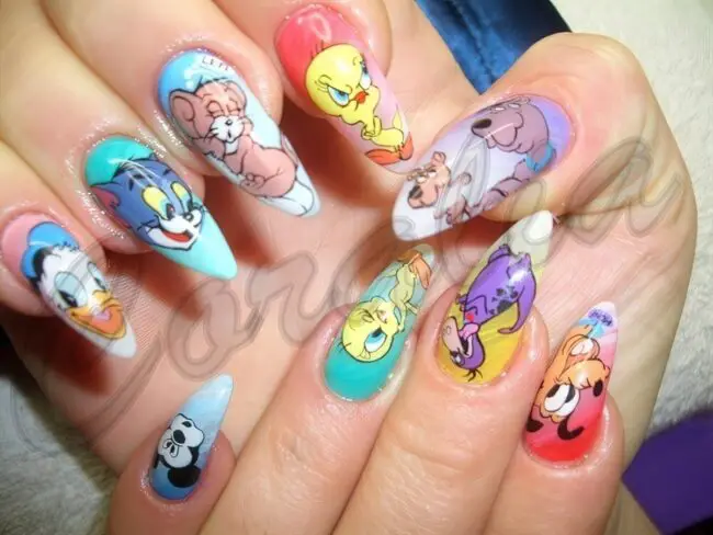 Whimsical Cartoon Nails with Glossy Shine