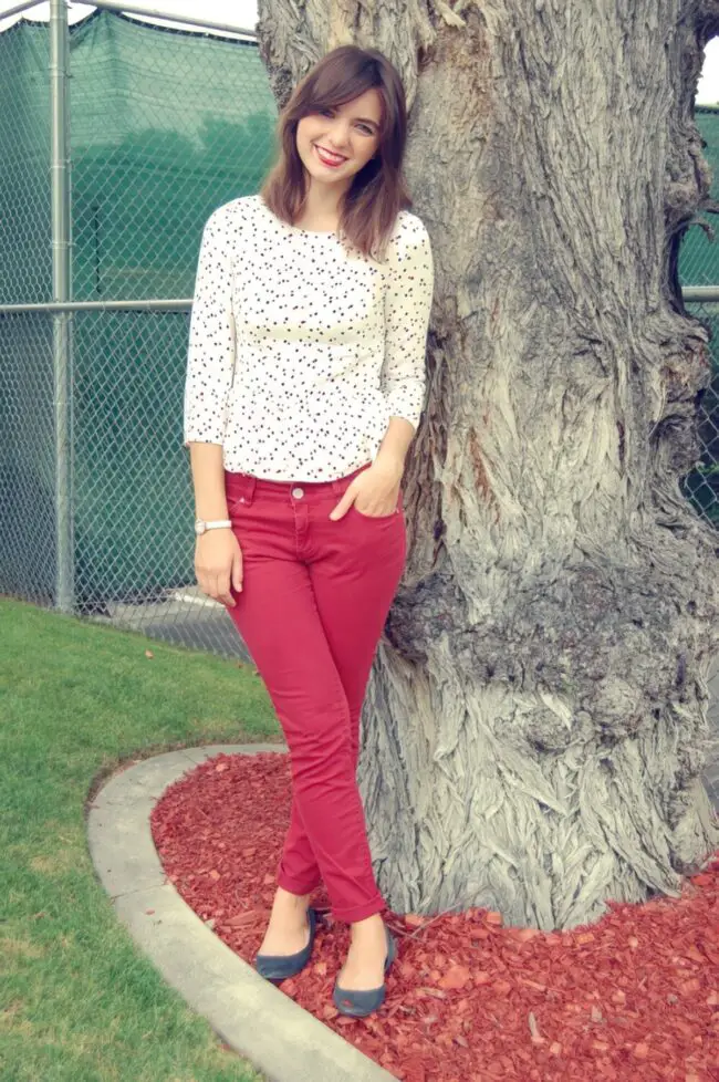 Polka Dot Top with Red Pants Contrast