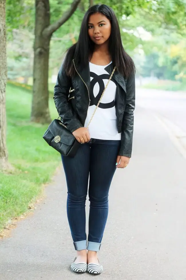 Chic Graphic Tee with Leather Jacket