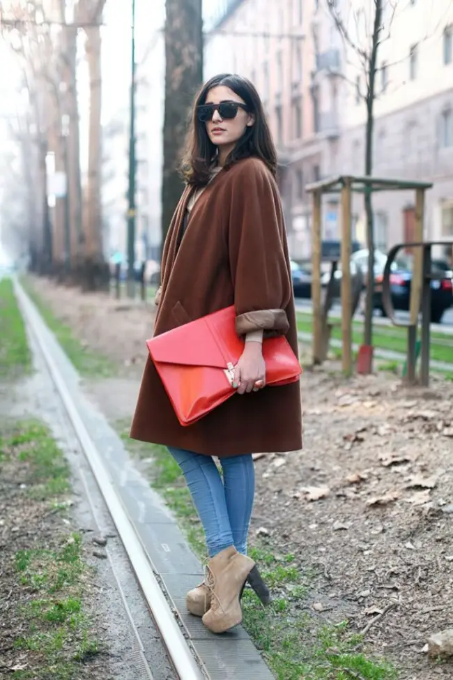 Rich Brown Oversized Coat with Orange Clutch