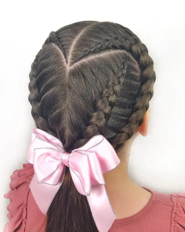 Heart-Shaped Braids Tied with a Pink Bow