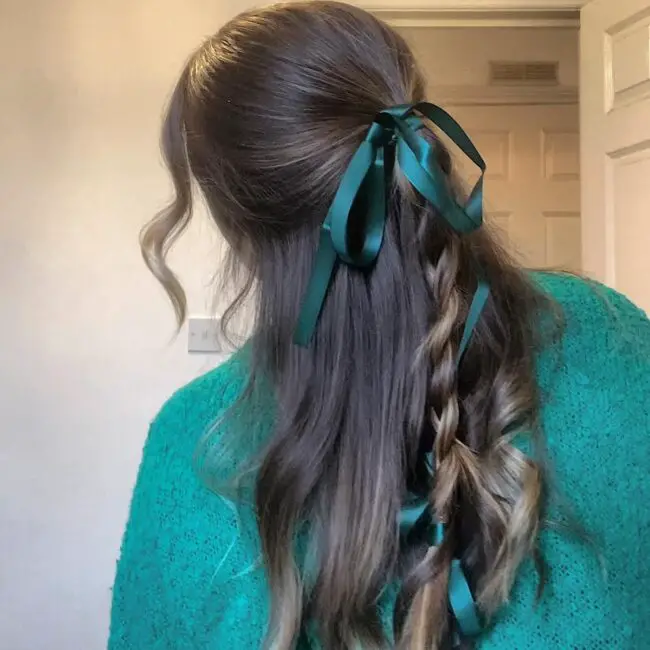 Half-Up Twisted Braid with Green Ribbon