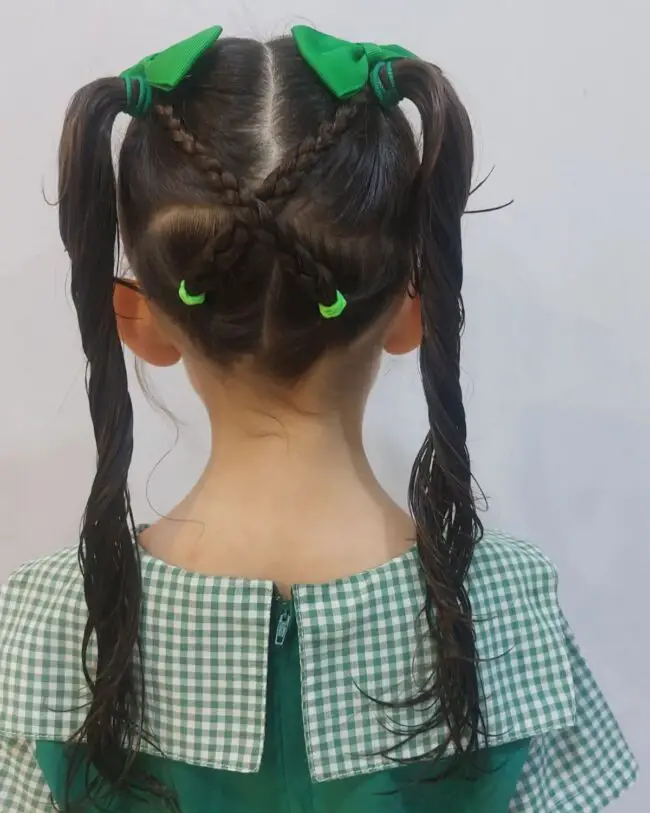 Twisted Pigtails Tied with Green Ribbons