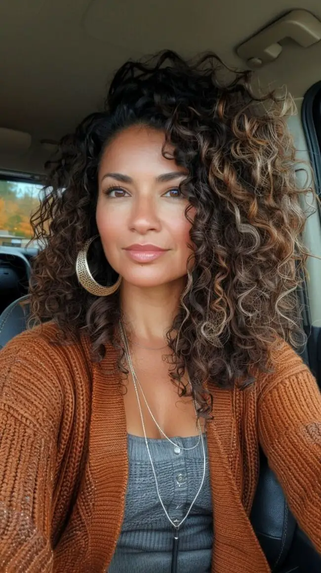 Caramel and Blonde Lowlighted Curly Black Hair