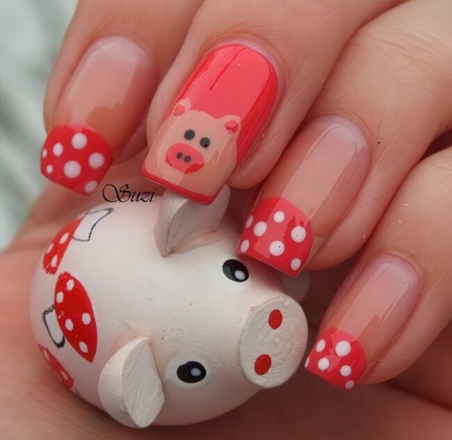 Coral Pig Nail Art with Polka Dots