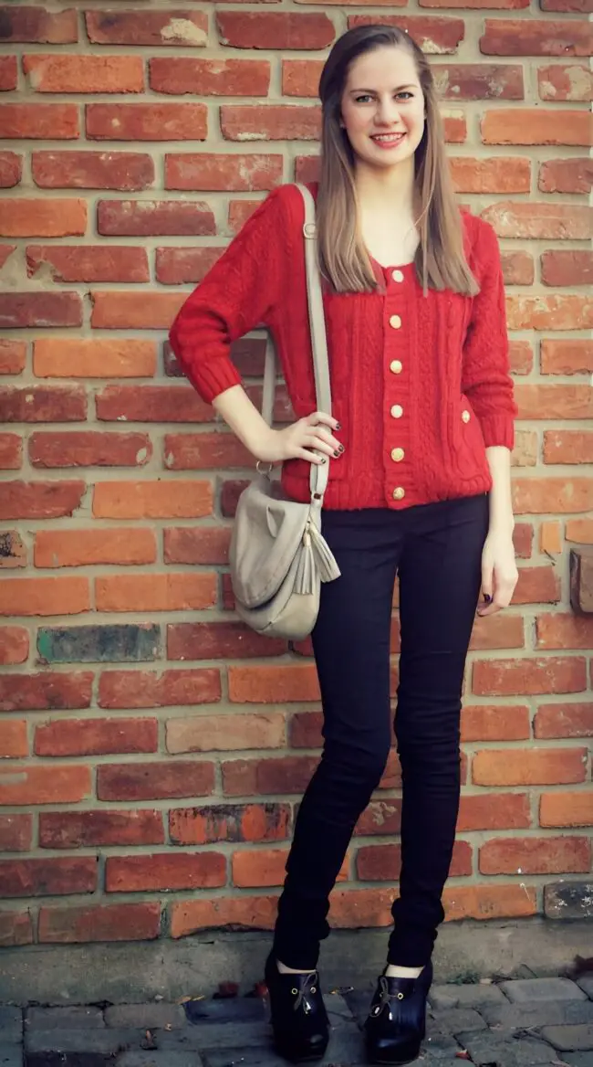 Vibrant Red Cardigan with Black Jeans