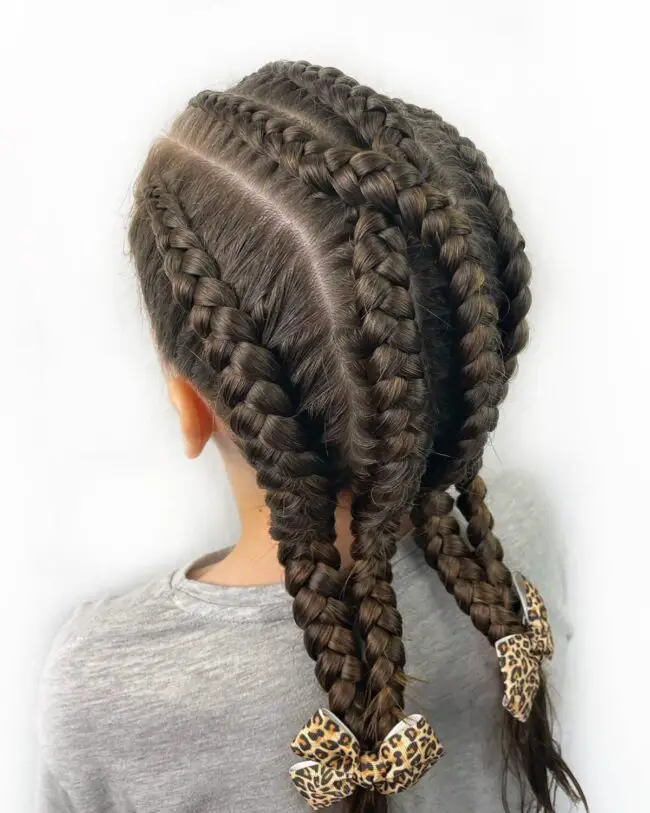 Quadruple Braids Finished with Leopard Print Bows