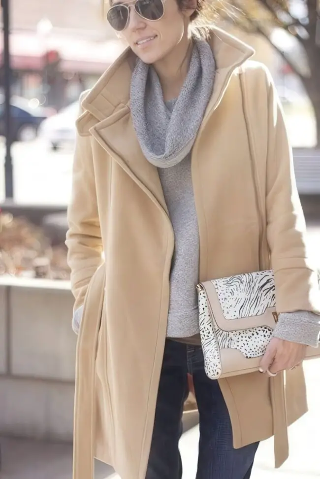 Beige Tailored Overcoat with Cozy Knit