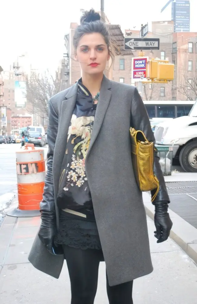 Layered Gray Coat with Floral Silk Blouse