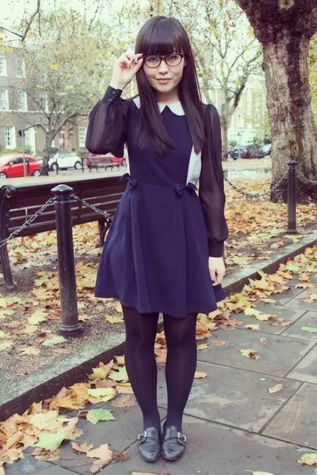Navy Dress with White Collar Charm