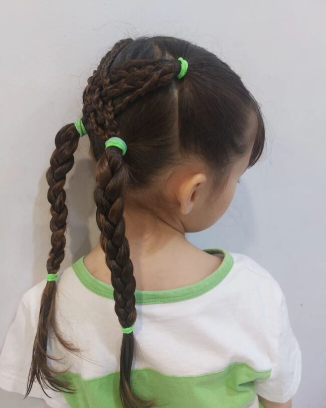 Triple Braided Pigtails Secured with Green Hair Ties