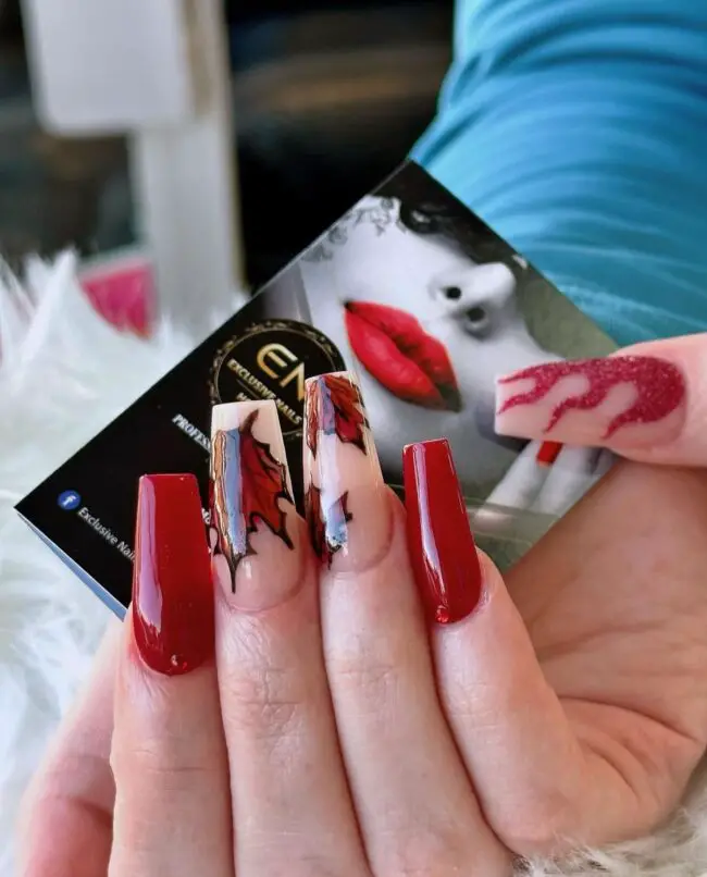 Bold Red and Leaf Design