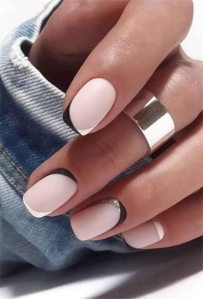 Pale Pink and Bold Black Nails