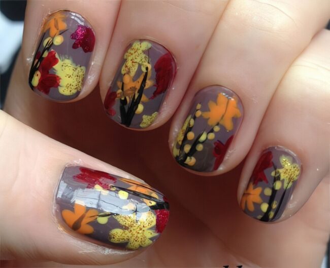 Vivid Floral Nail Art on Gray