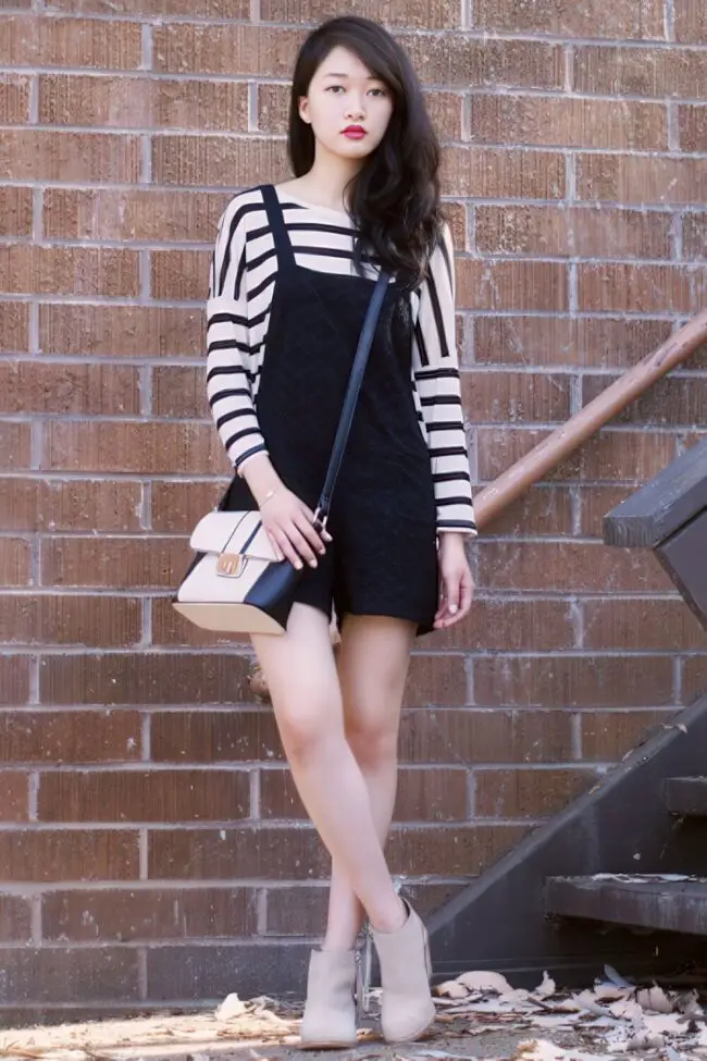 Striped Top with Black Overall Fusion