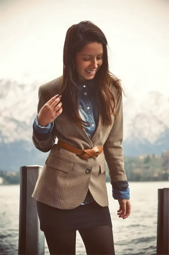 Houndstooth Blazer with Earthy Blue