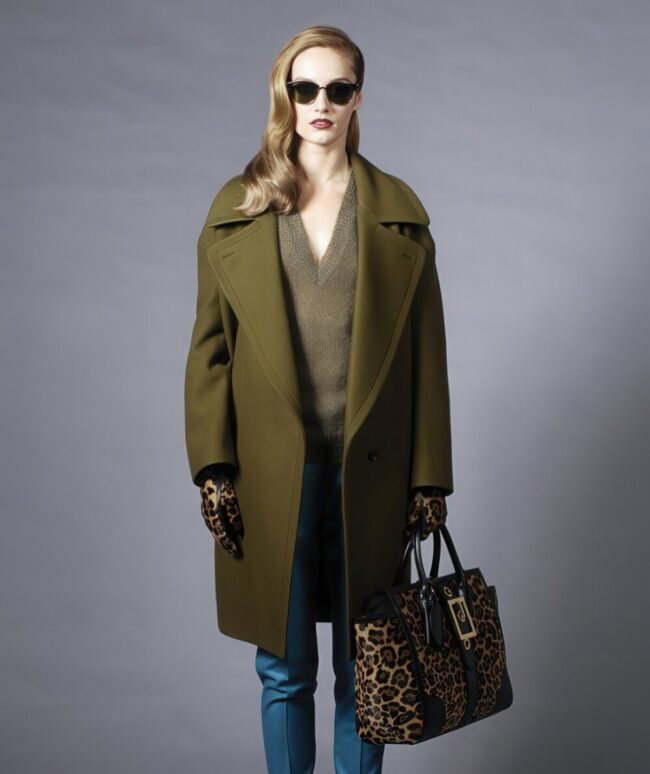 Oversized Olive Coat with Leopard Accents