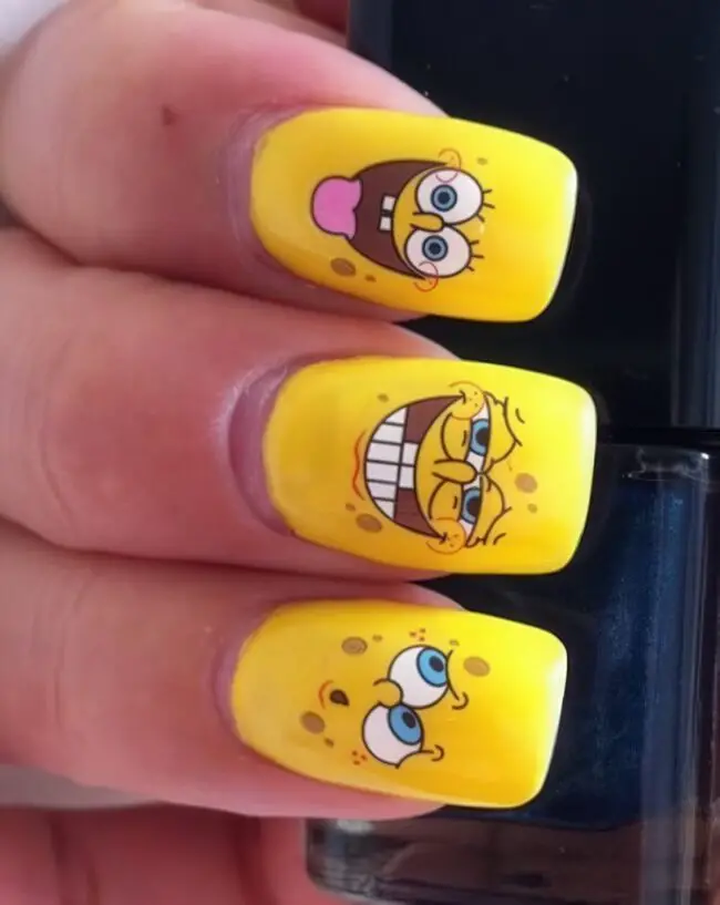 Whimsical Yellow SpongeBob Nail Art