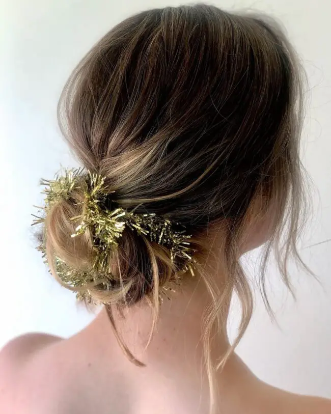 Messy Low Bun with Sparkling Tinsel
