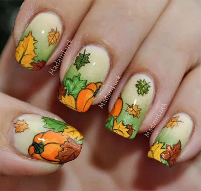 Autumn Nails with Pumpkin and Leaves