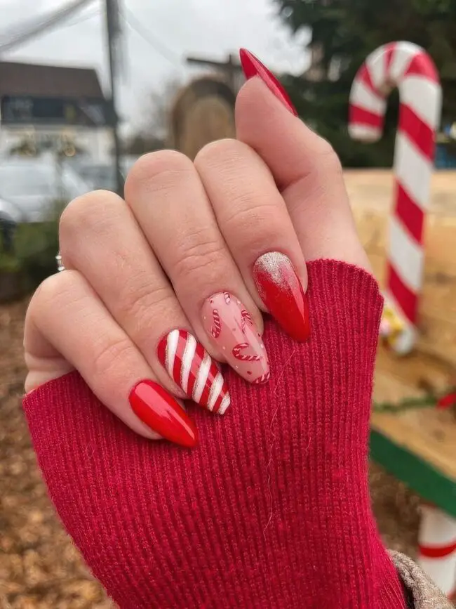 Holiday Nails with Red and Candy Cane Stripes
